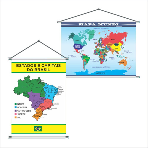 Kit 2 Banners Mapa Mundi E Mapa Do Brasil Banner 100x70cm