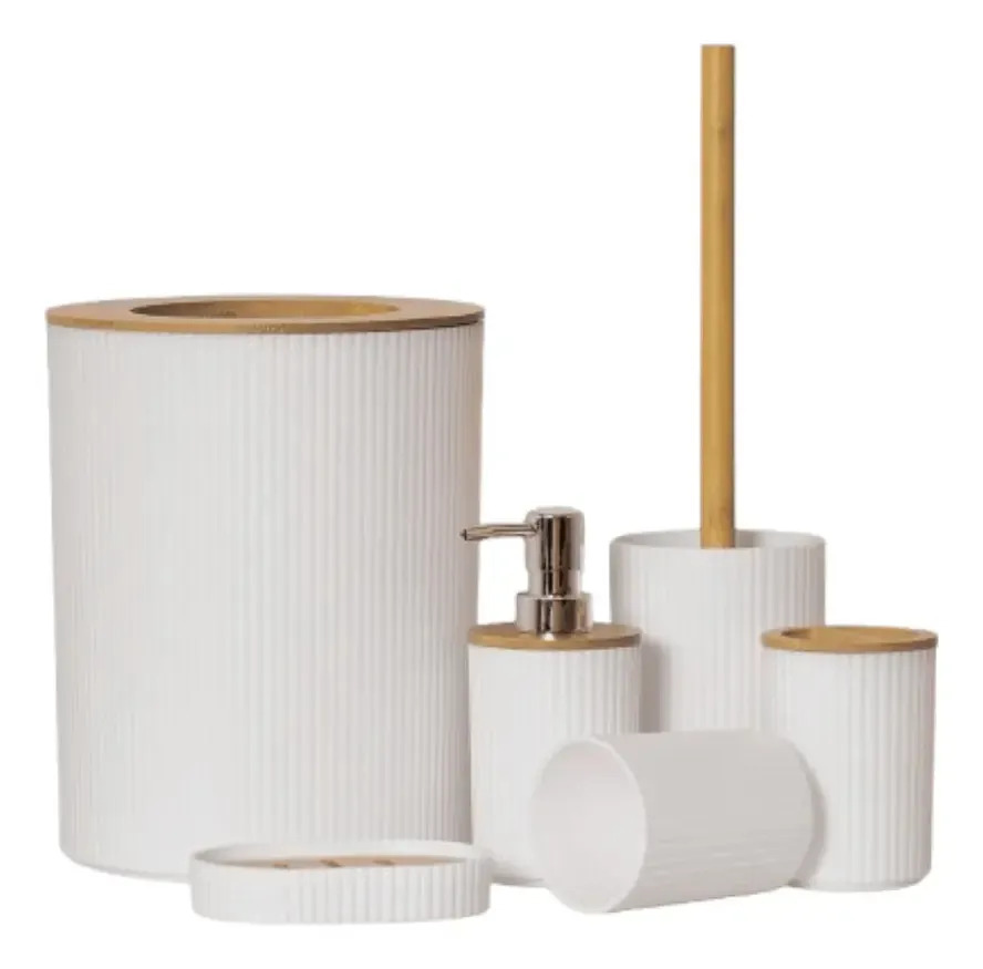 Kit Acessórios Para Banheiro de Bambu e Plástico Branco