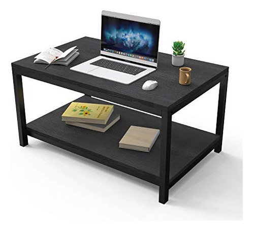 Yssoa Mesa De Centro Negra De 2 Niveles Con Estante Para Sal