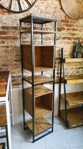 Imagen 3 de 6 de Mueble Industrial Rack Hierro Madera Biblioteca Torre Cubo