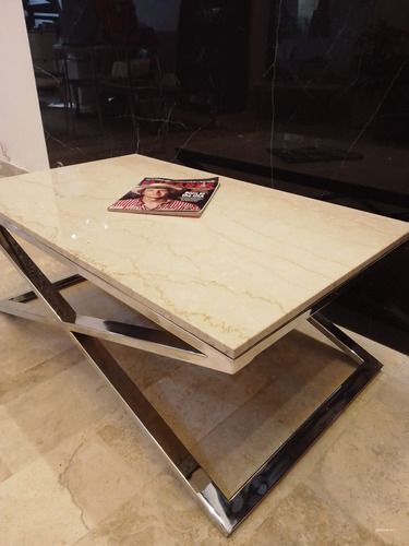 Mesa Living Equis 100x60 Mármol New Beige. Hierro Pintado