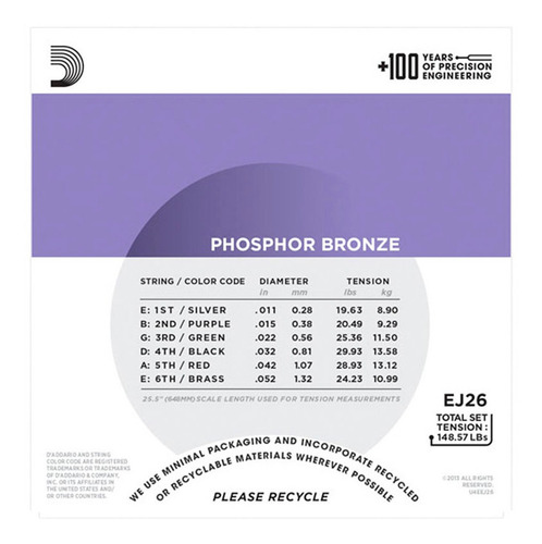 Daddario Acustica 011 Ej26 Phosphor Bronze 011-052