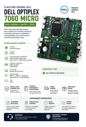 Placa Mae Dell Optiplex 7060 Micro Lga1151 Q370 Ipcfl-bs/ek Placa Mae Dell Optiplex 7060 Micro Lga1151 Q370 Ipcfl-bs/ek