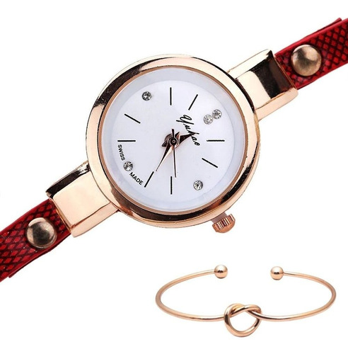 Relógio Feminino Dourado Strass Kit Com Pulseira Bracelete Cor da correia Vermelho Cor do fundo Branco