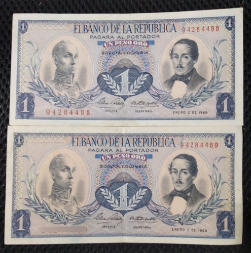 2 Billetes De Un Pesos Año 1969 Consecutivos 