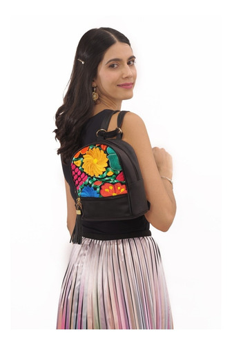 Mochila Imitación Piel Dama Paloma Bordado Bolso Env Gratis Color Negro Diseño de la tela Flores