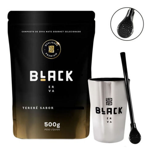 Kit Tereré Black Erva 1 Cuia 300ml 1 Bomba Preta 1 Erva 500g