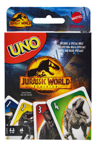 UNO Juego de Cartas Jurassic World 3 para 2 a 10 jugadores para niños de 7 años en adelante