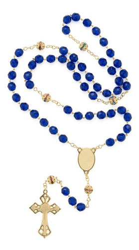 Pingente De Cristais Facetados Terço De Aparecida Religiosa Y Desenho Do Aparecida - 53.5cm De Comprimento Azul Ouro Velho