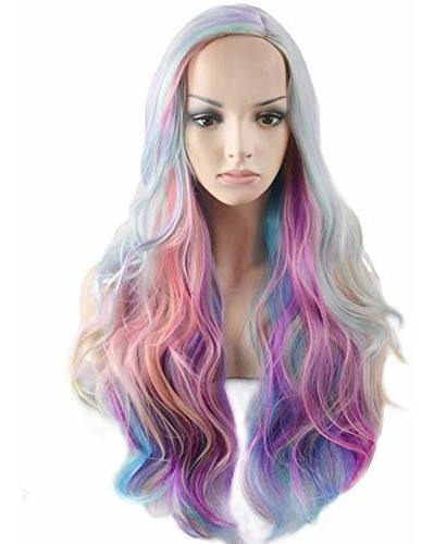Peluca Larga Y Rizada Beron Rainbow Wig, Multicolor