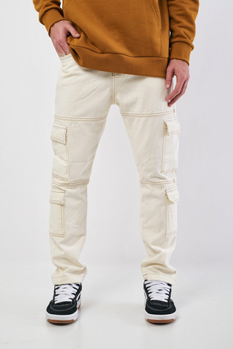 Pantalon Cargo De Jeans Costuras De Color Marron De Hombre