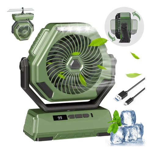 Ventilador De Camping Portátil Recargable Con Luz Led Y Ganc Verde