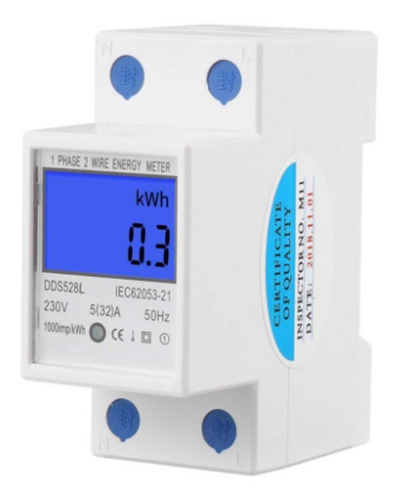 Imagen 1 de 4 de Medidor Monofasico Luz Consumo Riel Din Amper Volt Watt Kwh