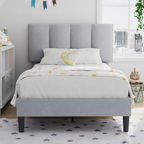 Base De Cama Individual Tapizada Resistente Color Gris Claro
