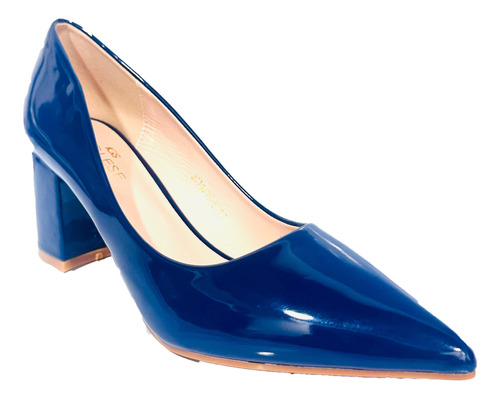Zapatos Tacon Grueso Para Dama Inglese Azul Patente Valeria