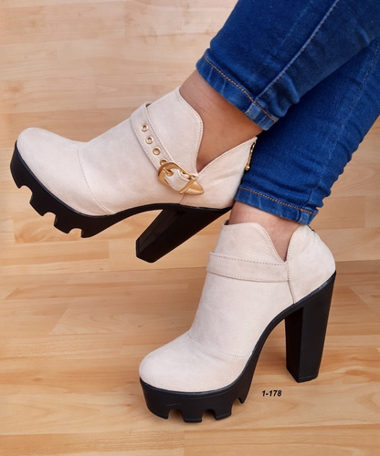 Botin Beige Corte  Bajo Con Hebilla Moda Juvenil Comodos