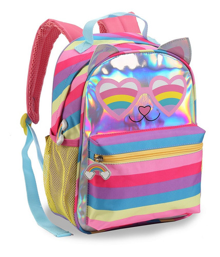 Mochila Escolar Infantil Gata Arco Íris Holográfica 2023 - G