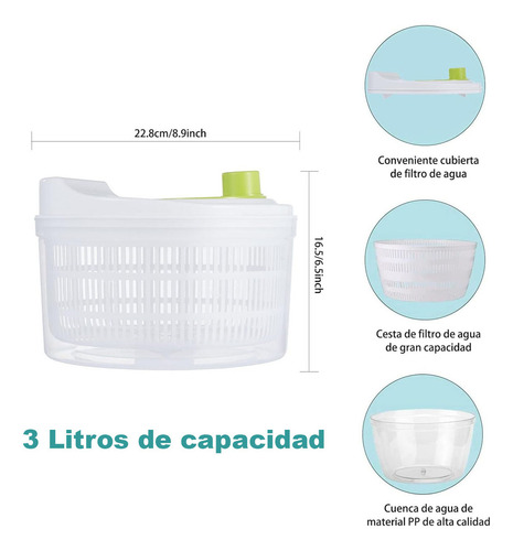 Secador De Lechuga Para Cocina Kimhi Centrifugador De Verduras Y Frutas Grande 3 Litros Escurridor De Verdura Secadora De Lechuga Manual Con Colador Integrado Centrifugadora De Ensalada Color Blanco