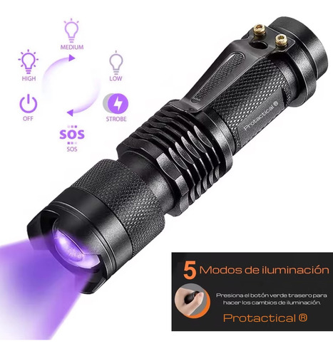 Lampara Tactica Recargable Luz Led Negra Uv + 2 Baterias Linterna Negro Luz Negra (UV)