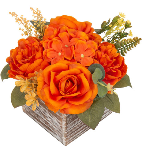 Arreglo Floral Con Jarrón De Madera 8 Flores Artificiales E