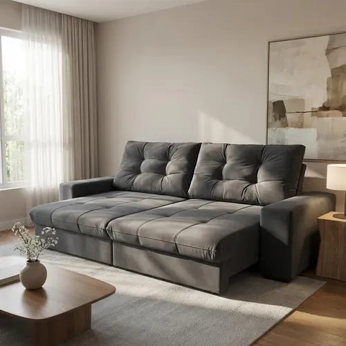 Sofá 3 Lugares Retrátil E Reclinável Biarritz Suede Grafite Cinza