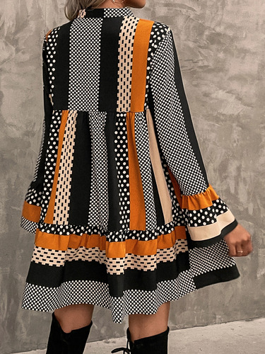 Vestido Smock De Rayas & Con Estampado De Lunares De Manga