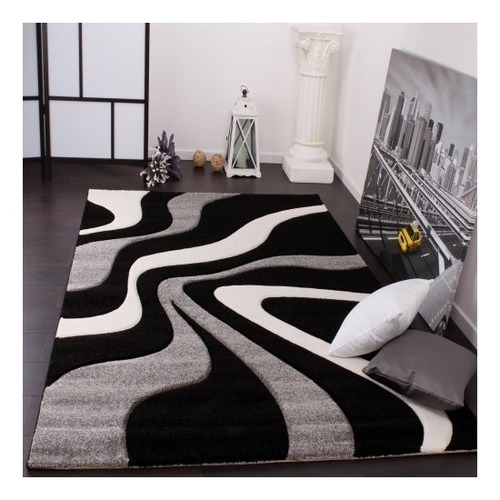 Alfombra Gris Negra Con Corte De Contorno Y Patrón De Onda