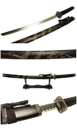Espada Katana Wakisashi Dragão Esculpido Aço Suporte Mesa
