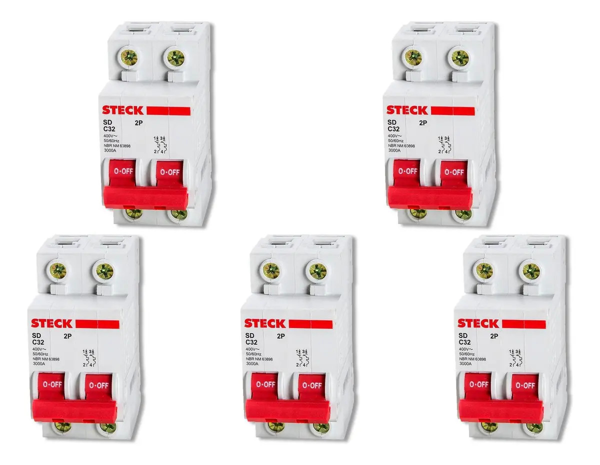 Kit com 5 Disjuntores Automáticos Steck Bipolar de 32A para Trilho DIN Curva C