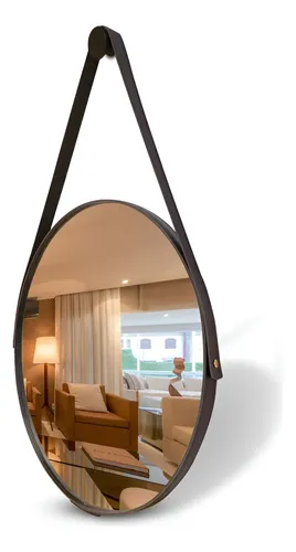 Espelho Adnet Redondo Grande 60cm Com Alça Em Couro Ecológico Café Eddias Sala Quarto Banheiro Hall Decoração Suporte Parede Pino