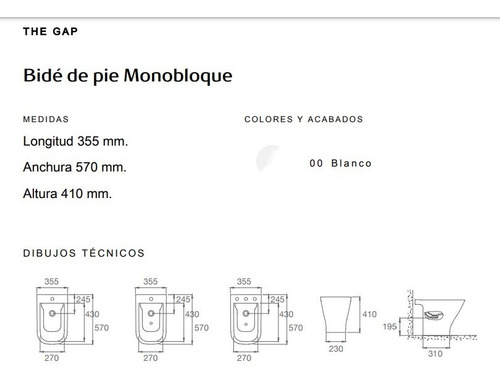Imagen 3 de 10 de Bidet Baño Monobloque Roca The Gap 1 Agujeros Loza Blanco