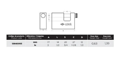 Imagen 2 de 6 de Candado Anticizalla Cisa 77mm Con Llave M6 Bronce Blister