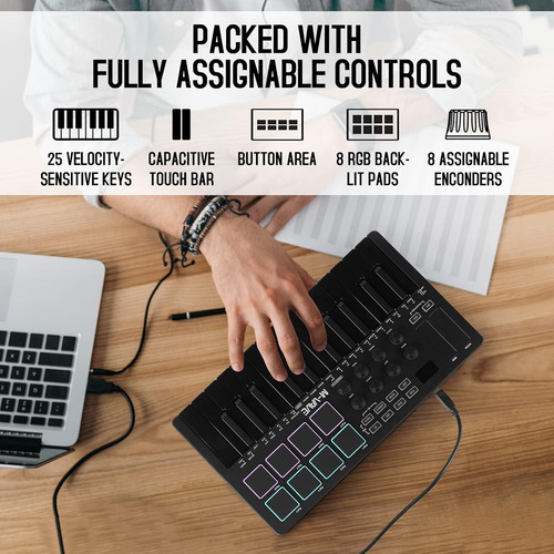 Controlador De Teclado Midi Usb M-wave De 25 Teclas Con 8...