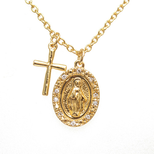 Collar Joyería Chapa Oro C/ Dije De Virgen Y Cruz 