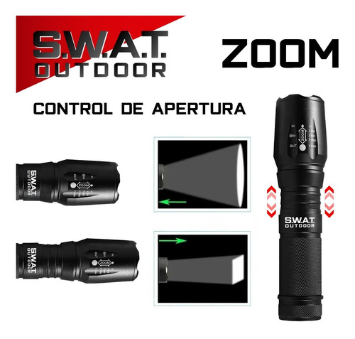 Imagen 3 de 10 de Linterna Táctica Led Swat Outdoor X15 Usb Accesorios 2 Pilas