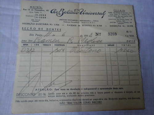 Nota Fiscal O Boticão Universal De 1948