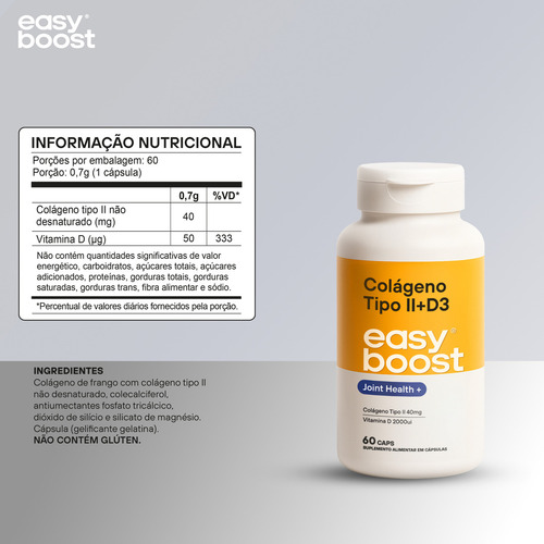 Colágeno Tipo 2 40mg + D3 2000ui Easy Boost 60 Capsulas Sabor Neutro
