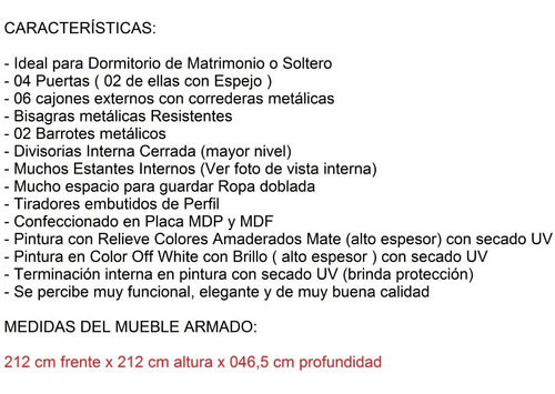 Imagen 5 de 7 de Placard Ropero 4 Puertas 6 Cajones 212x212x047 - Alvorada