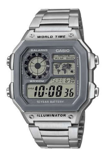 Reloj de pulsera Casio Digital AE-1200 de cuerpo color plateado, digital, fondo gris, con correa de acero inoxidable color plateado, dial negro, subesferas color gris y negro, minutero/segundero negro, bisel color gris y desplegable