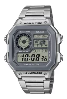 Reloj pulsera Casio Digital AE-1200 de cuerpo color plateado, digital, fondo gris, con correa de acero inoxidable color plateado, dial negro, subesferas color gris y negro, minutero/segundero negro, b