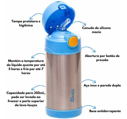 Imagem 2 de 5 de Garrafa Térmica Infantil Inox Canudo 270ml Clingo Envio 24h