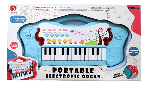 Piano Organo Festival Con Luz Sonido Cargador Usb Color Celeste
