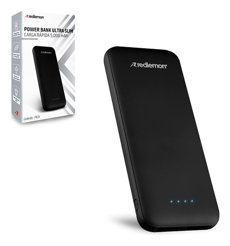 Redlemon Power Bank Ultra Slim de 5,000 mAh. Batería Externa Portátil para Celular, Tablet y más, con 2 Puertos USB y Luces LED de Carga, Compatibilidad Universal, para Viajes, Oficina y Escuela