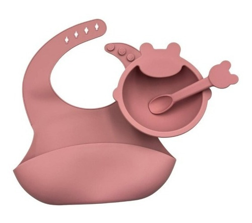 Set Alimentación Silicona Bebe Babero Plato Cuchara Rosado