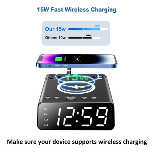 Reloj Despertador Con Cargador Inalámbrico Y Usb Despierta C