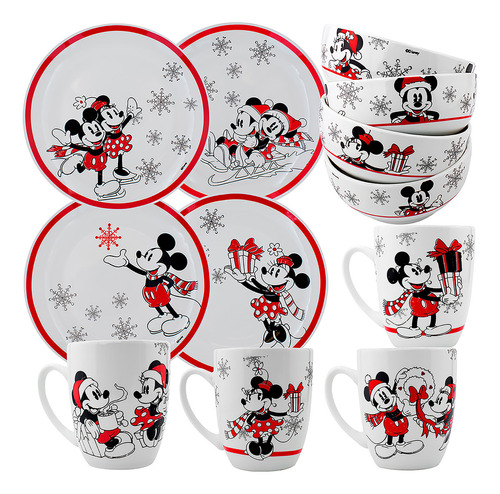 Vajilla Porcelana Disney Mickey Navidad 4 Personas 12 Pzas