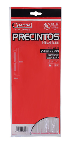 Precintos Prensacable Tacsa 250mm X 4.6mm X 100 Unidades