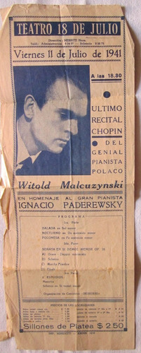 Antiguo Programa Teatro 18 De Julio Pianista Witold Malcuzyn