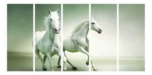 Quadro Decorativo 5 Peças 2 Cavalos Brancos 140x65