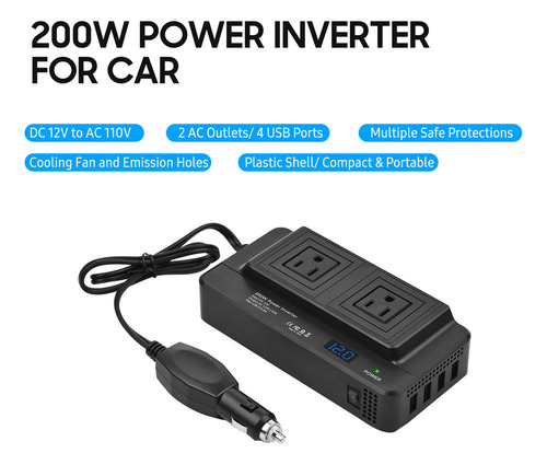 Inversor De Corriente Para Coche De 200 W, Convertidor Dc 12